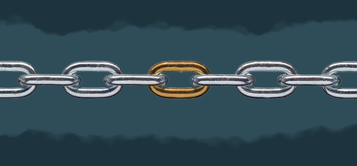 Chain links against a blue background with one gold link to indicate the value of learning investment