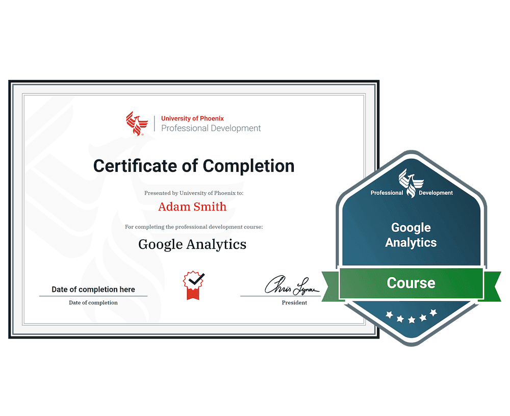 Sample certificate and badge for Google Analytics course