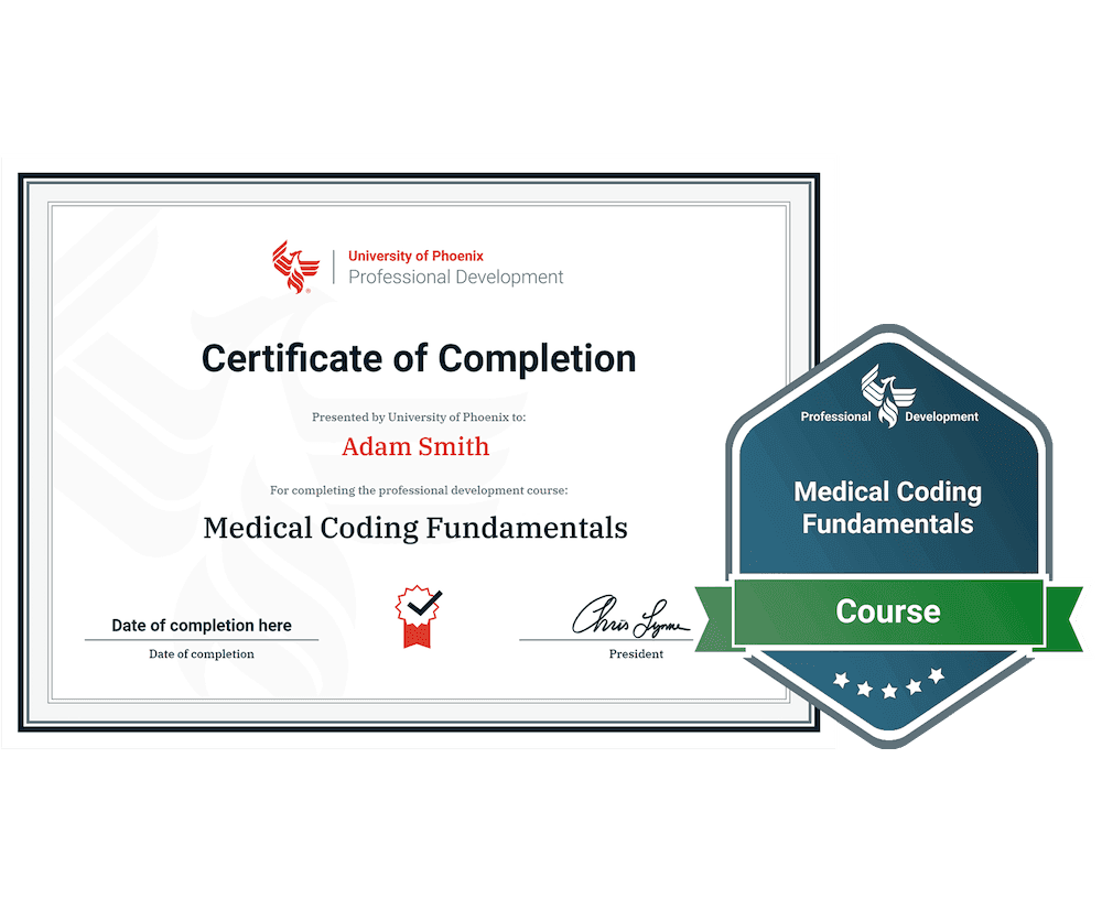 Sample certificate and badge for Medical Coding Fundamentals course