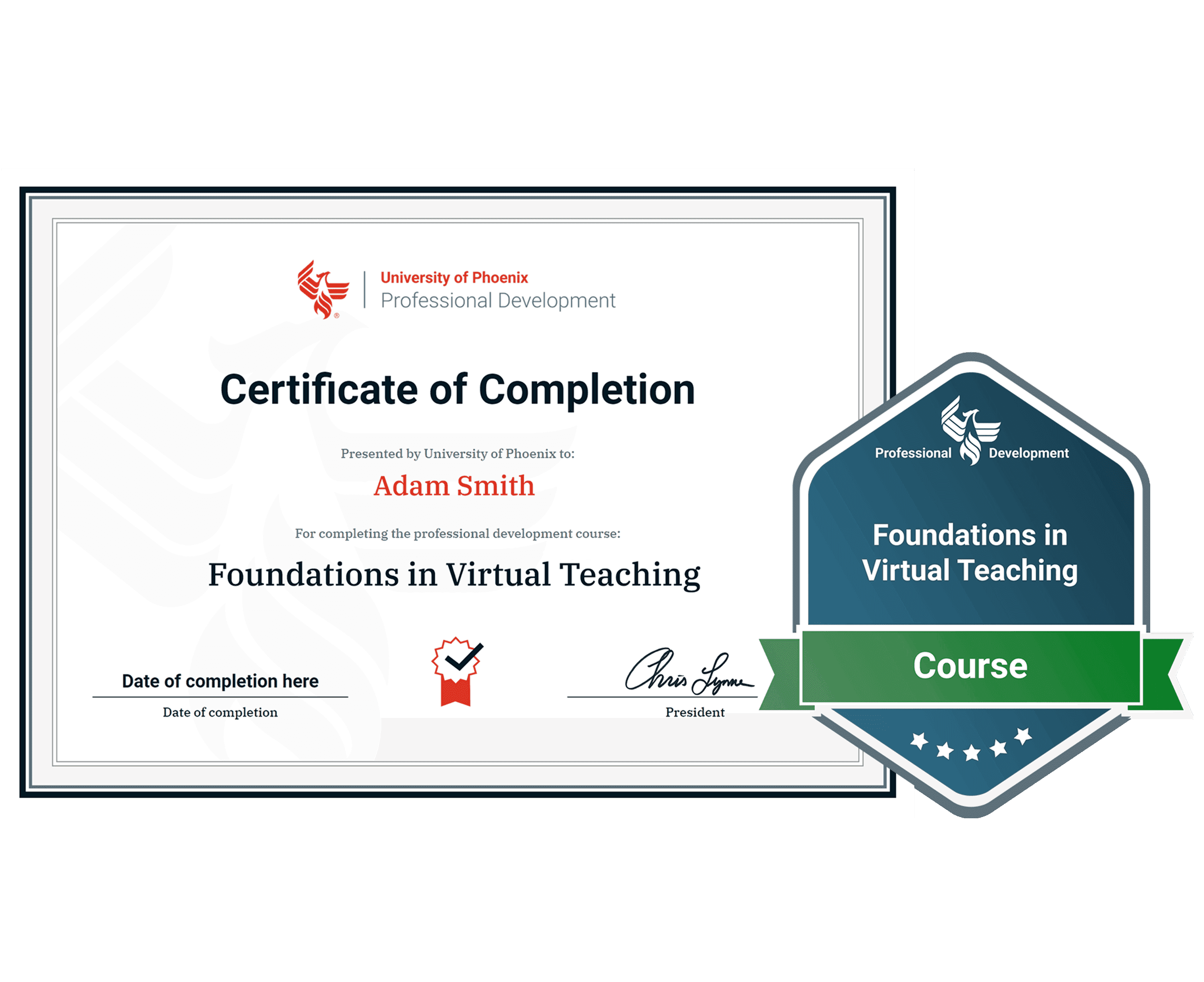 Sample certificate and badge for Foundations in Virtual Teaching course