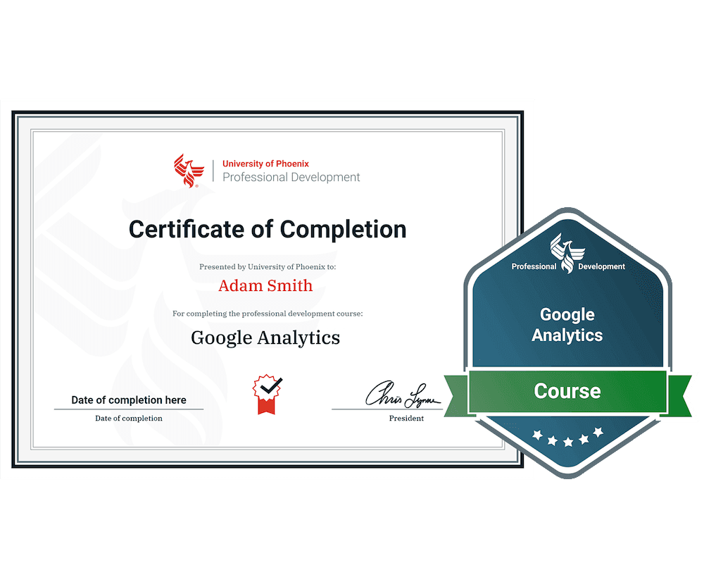 Sample certificate and badge for Google Analytics course