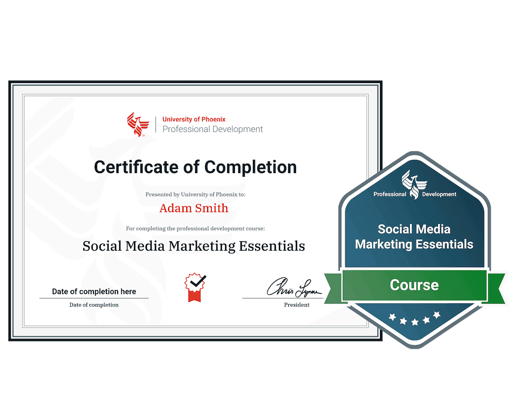 Sample certificate and badge for Social Media Marketing Essentials